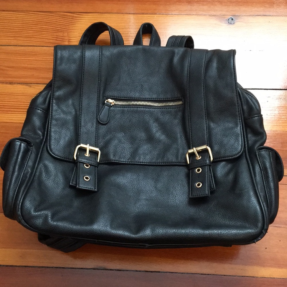 Black faux-leather backpack